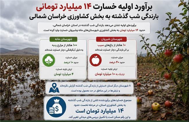 برآورد اولیه خسارت ۱۴ میلیارد تومانی بارندگی شب گذشته به بخش کشاورزی خراسان شمالی